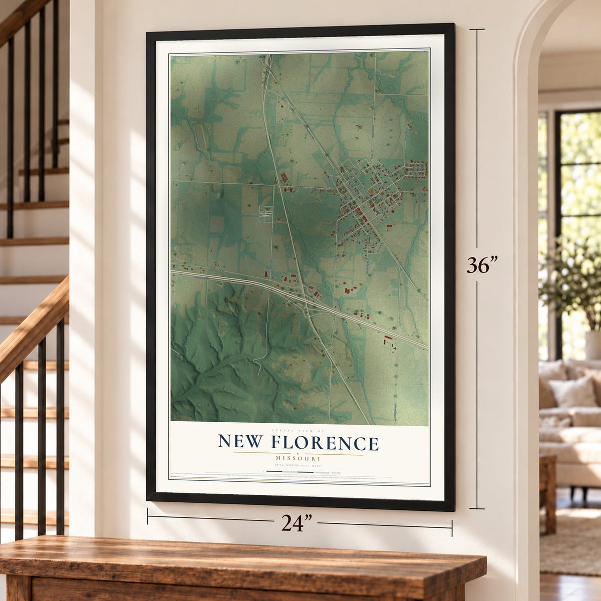 New Florence, Missouri map, 24 x 36 inch print in a black frame by a staircase