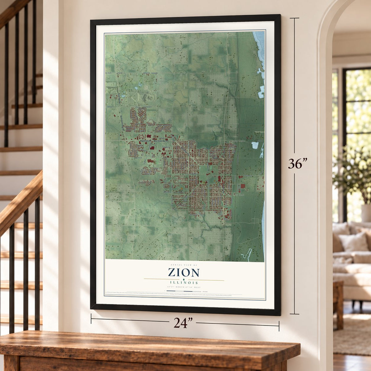 Zion, Illinois map, 24 x 36 inch print in a black frame by a staircase
