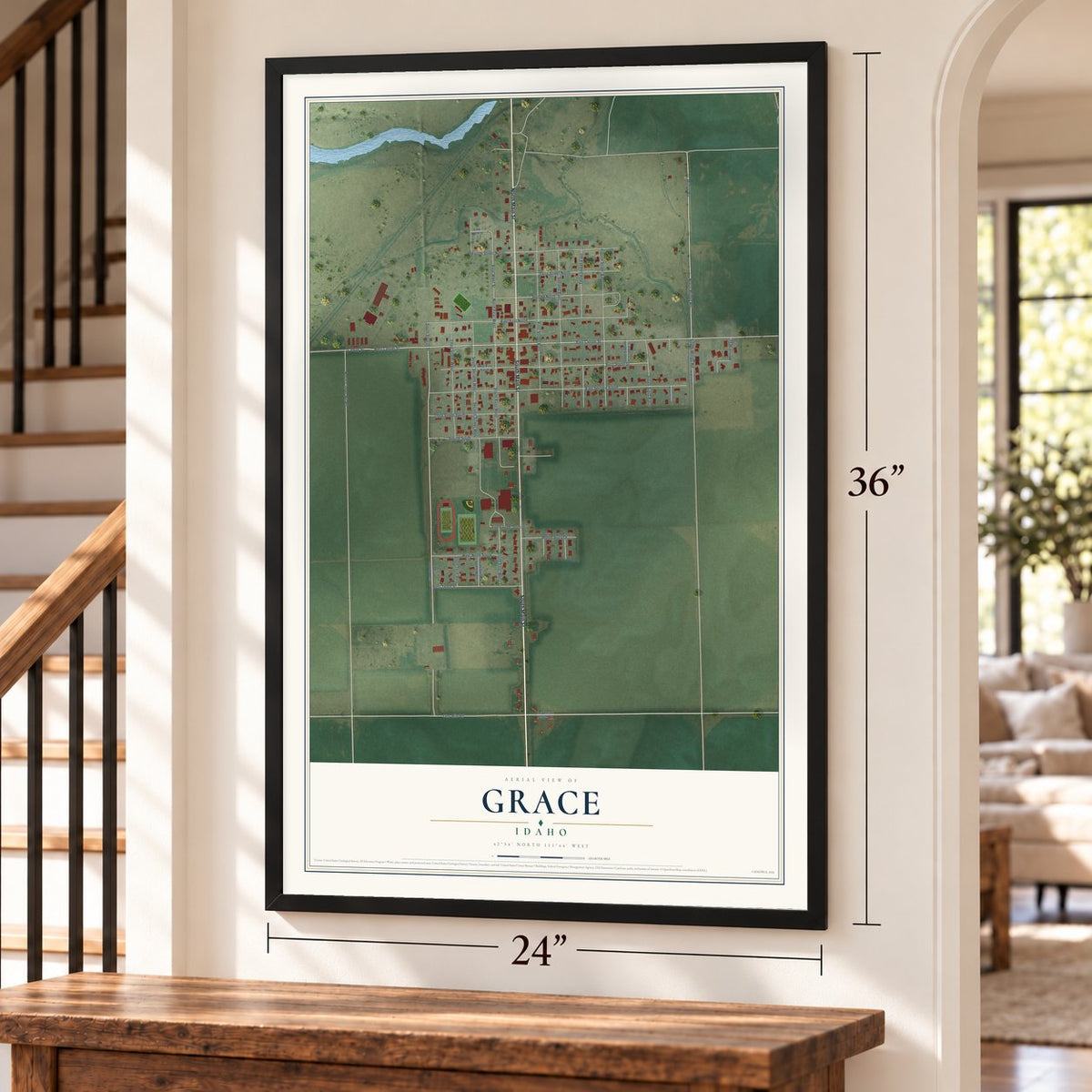 Grace, Idaho map, 24 x 36 inch print in a black frame by a staircase