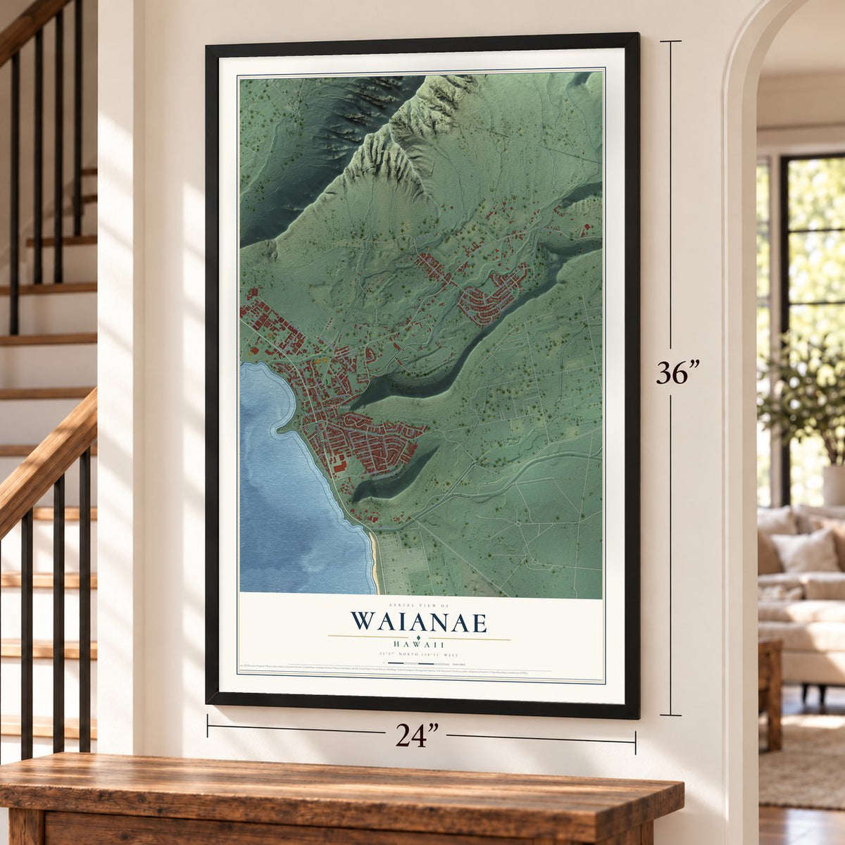 Waianae, Hawaii map, 24 x 36 inch print in a black frame by a staircase