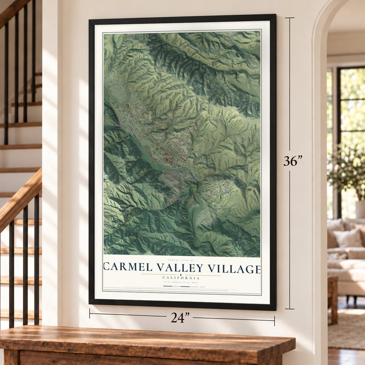 Carmel Valley Village, California map, 24 x 36 inch print in a black frame by a staircase