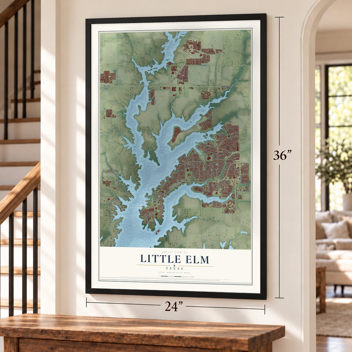 Little Elm, Texas map, 24 x 36 inch print in a black frame by a staircase
