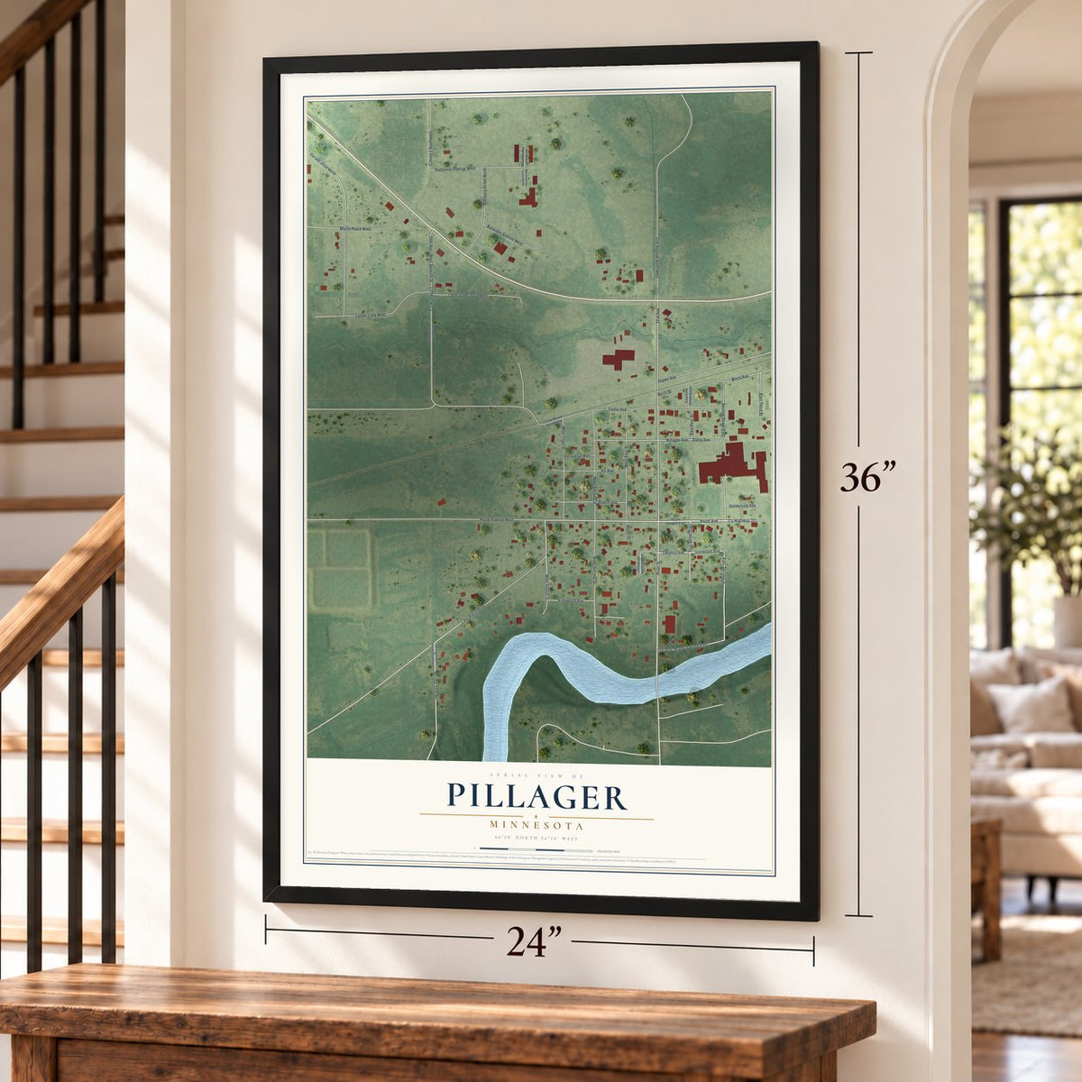 Pillager, Minnesota map, 24 x 36 inch print in a black frame by a staircase