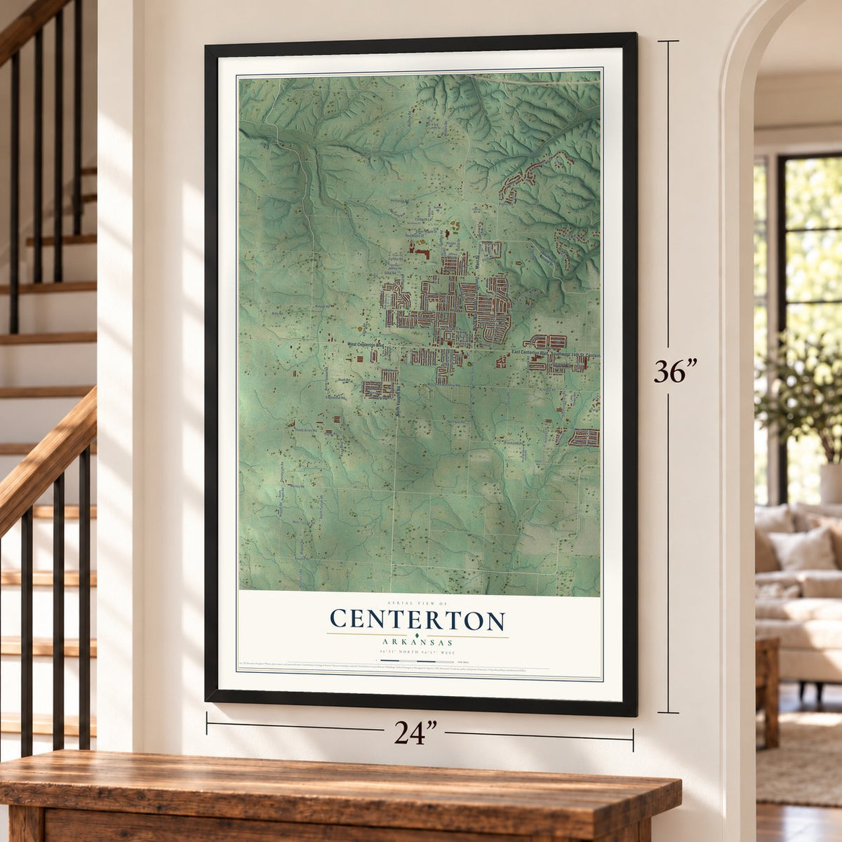 Centerton, Arkansas map, 24 x 36 inch print in a black frame by a staircase