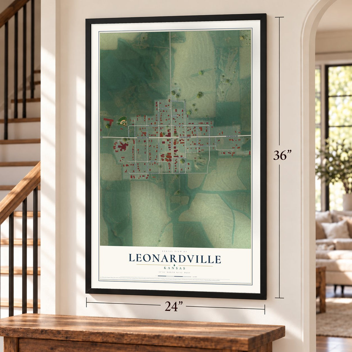 Leonardville, Kansas map, 24 x 36 inch print in a black frame by a staircase