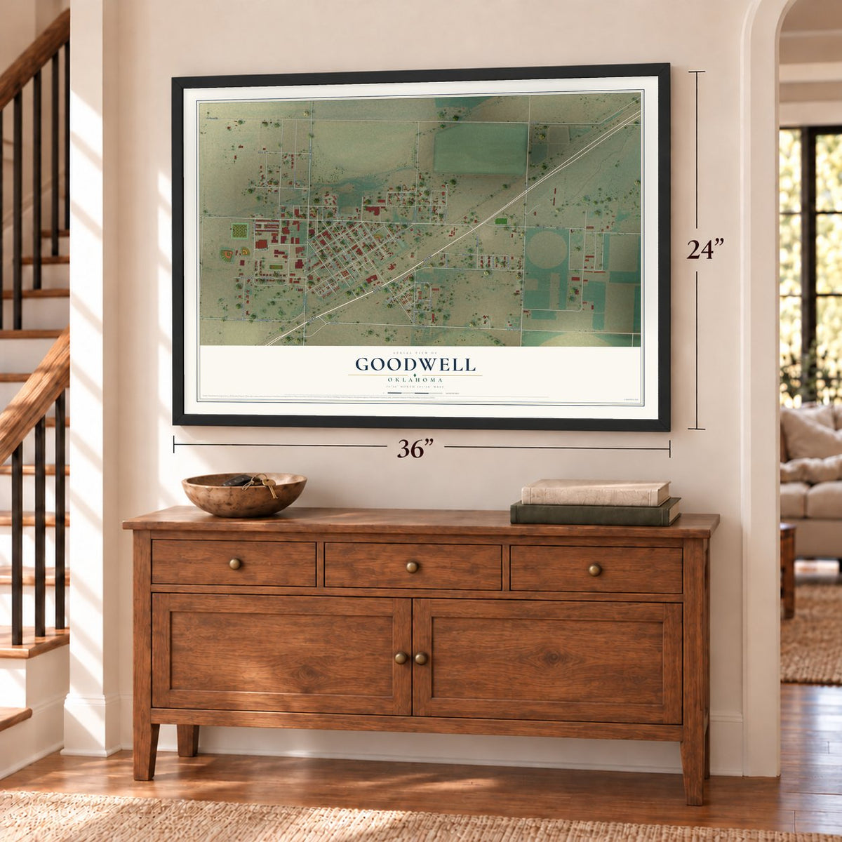 Goodwell, Oklahoma map, 24 x 36 inch print in a black frame above a dresser by a staircase
