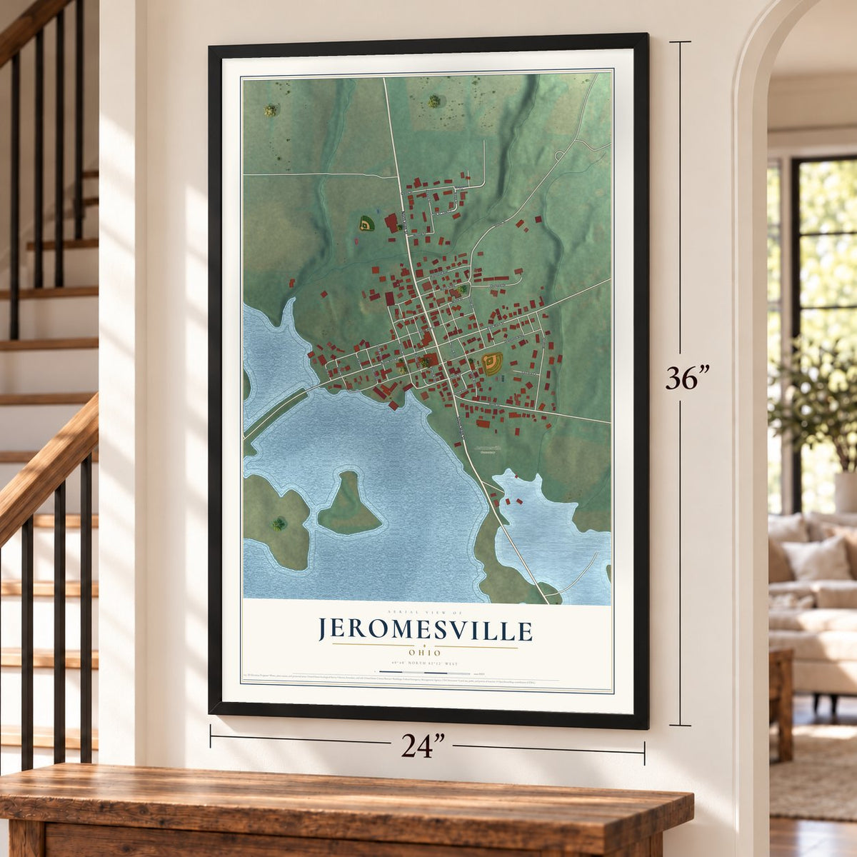 Jeromesville, Ohio map, 24 x 36 inch print in a black frame by a staircase