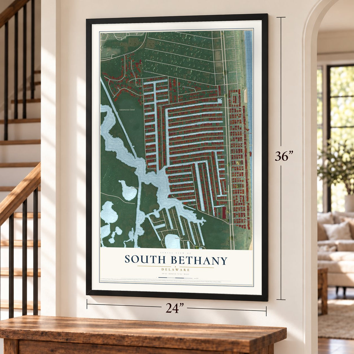 South Bethany, Delaware map, 24 x 36 inch print in a black frame by a staircase