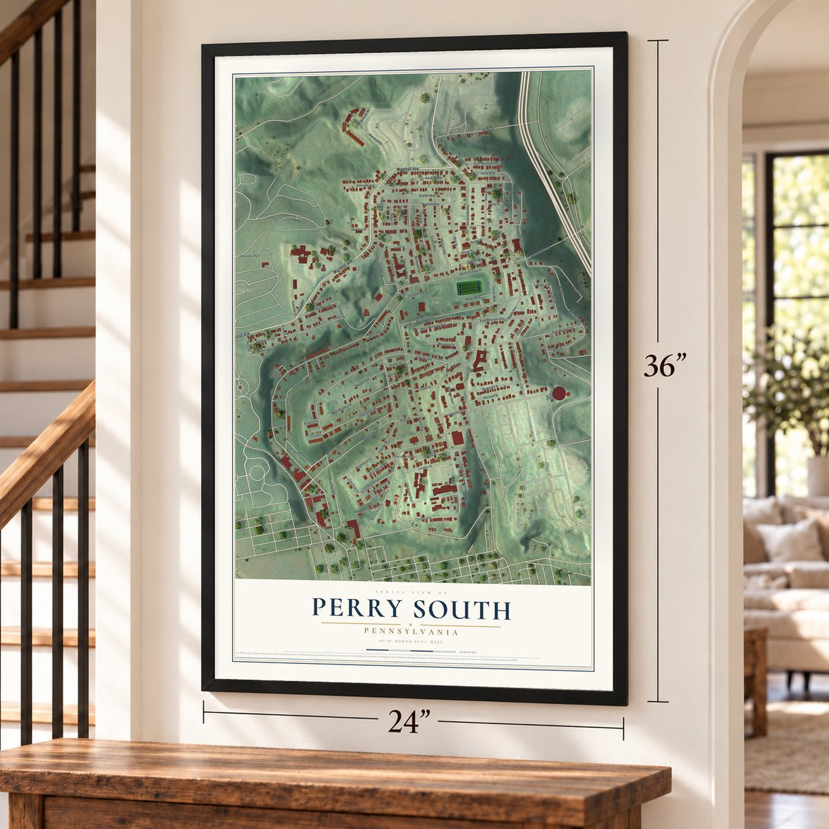 Perry South, Pennsylvania map, 24 x 36 inch print in a black frame by a staircase