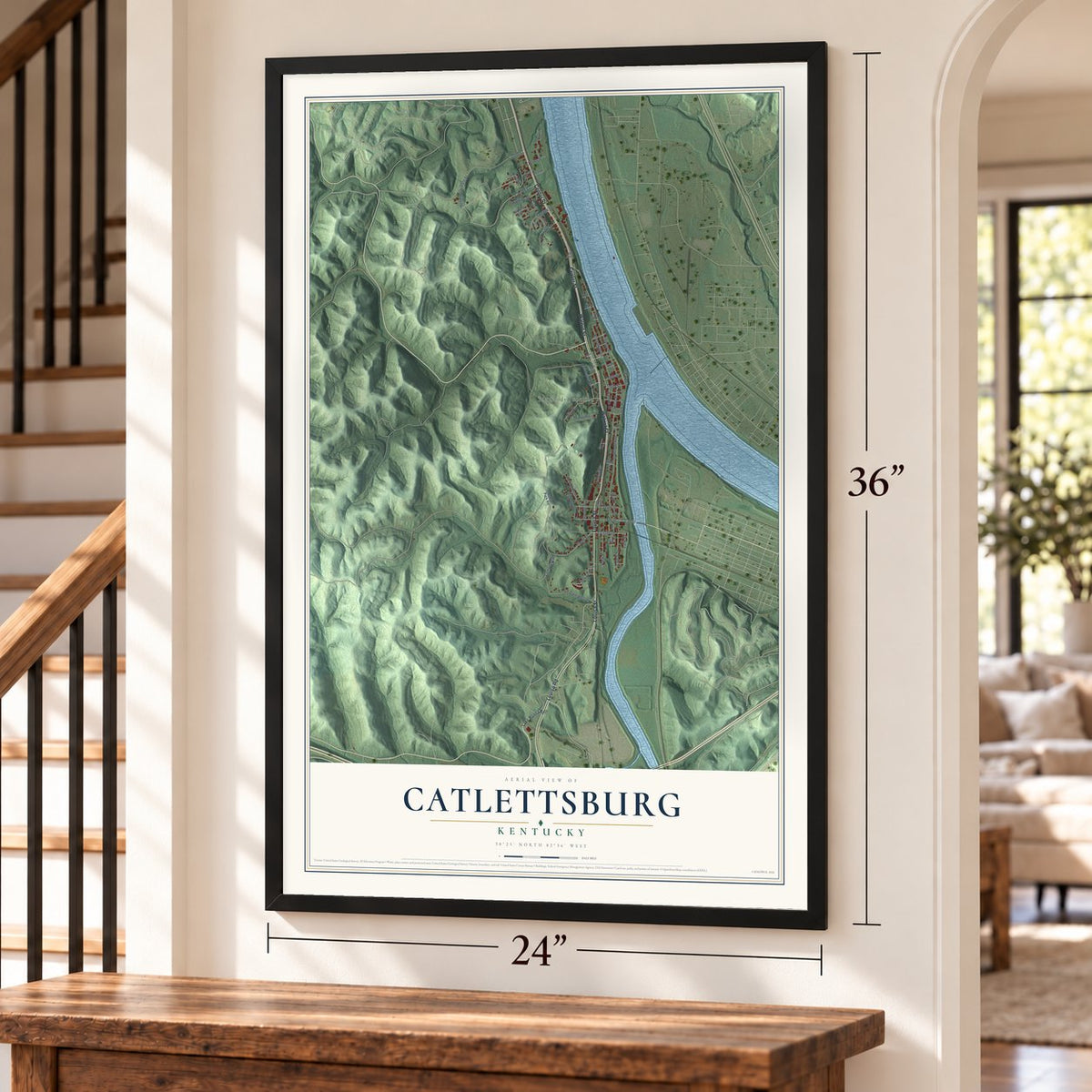 Catlettsburg, Kentucky map, 24 x 36 inch print in a black frame by a staircase