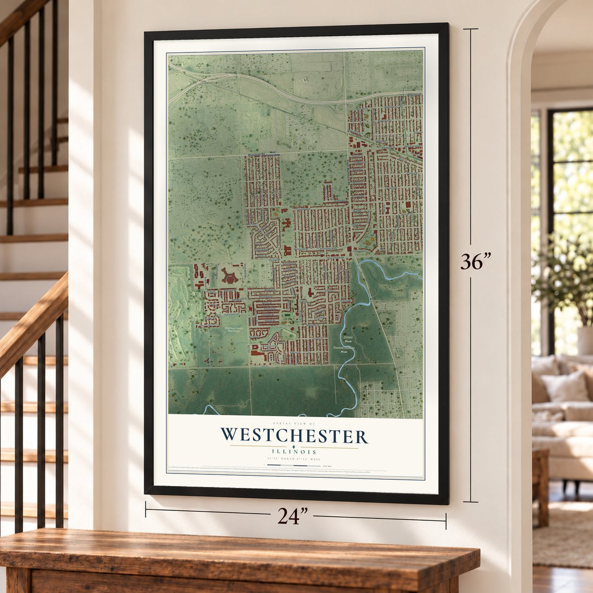 Westchester, Illinois map, 24 x 36 inch print in a black frame by a staircase