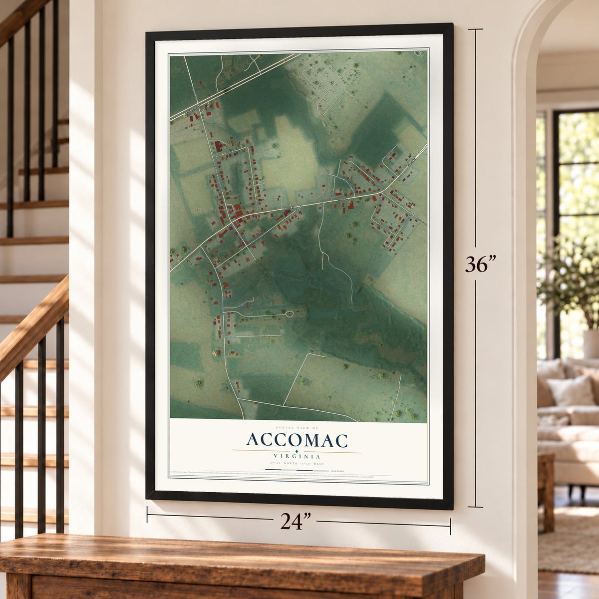 Accomac, Virginia map, 24 x 36 inch print in a black frame by a staircase