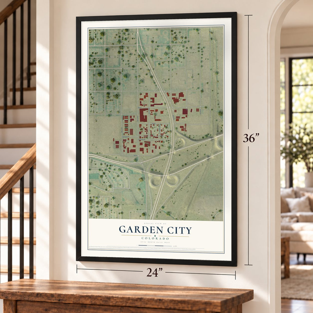 Garden City, Colorado map, 24 x 36 inch print in a black frame by a staircase