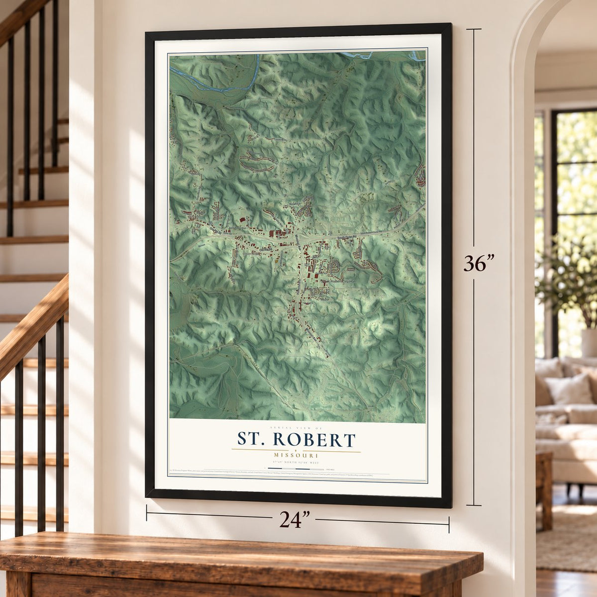 St. Robert, Missouri map, 24 x 36 inch print in a black frame by a staircase