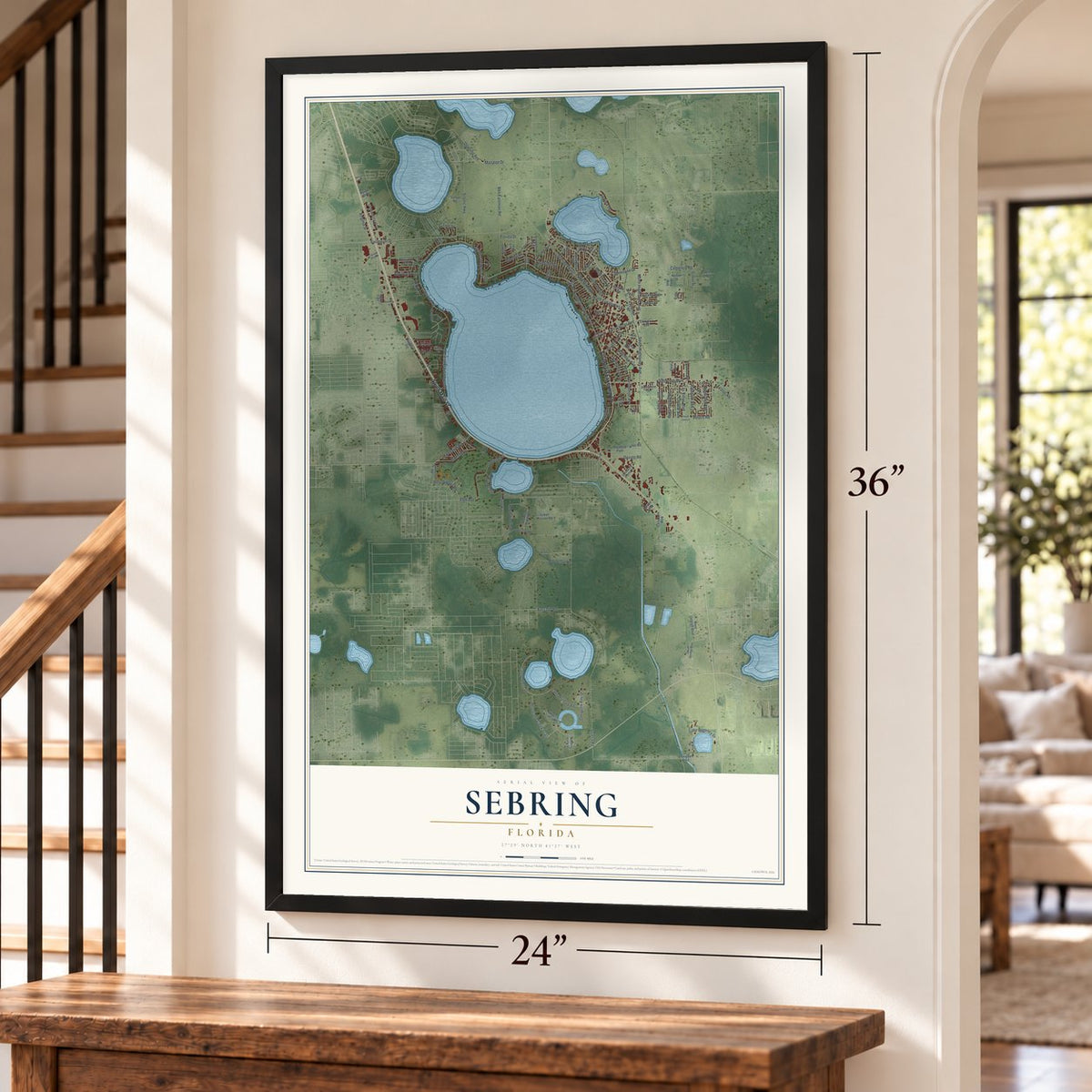 Sebring, Florida map, 24 x 36 inch print in a black frame by a staircase