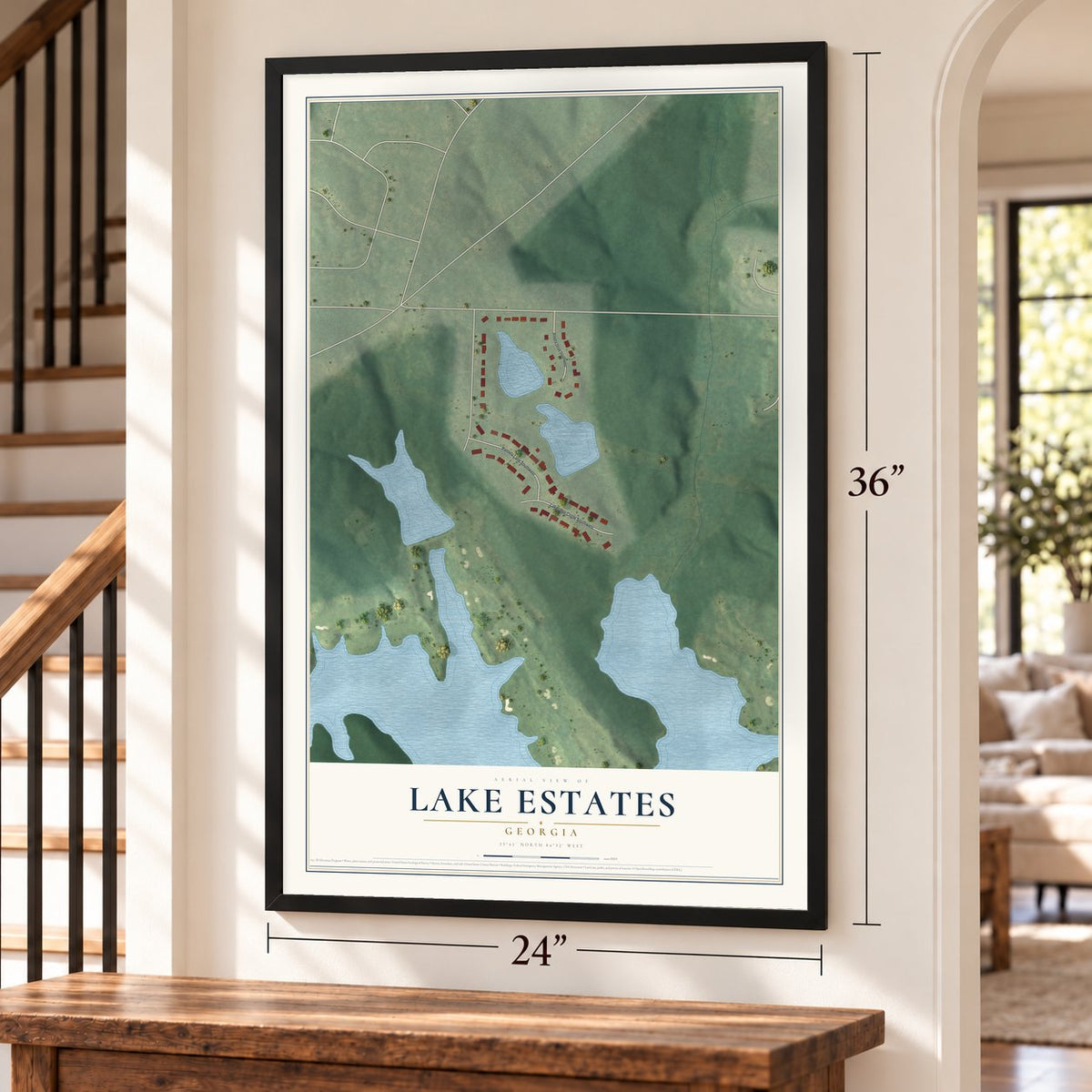 Lake Estates, Georgia map, 24 x 36 inch print in a black frame by a staircase