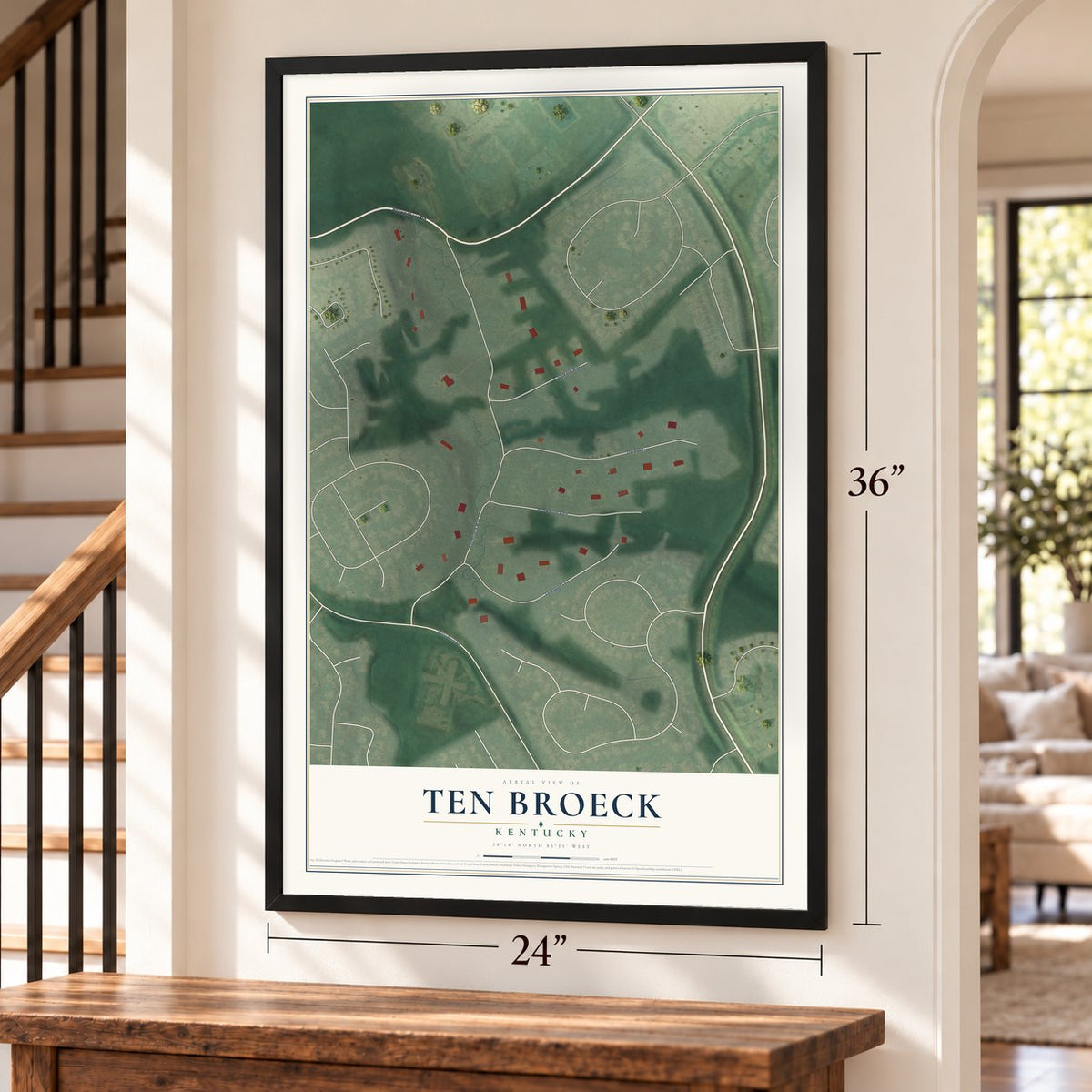 Ten Broeck, Kentucky map, 24 x 36 inch print in a black frame by a staircase