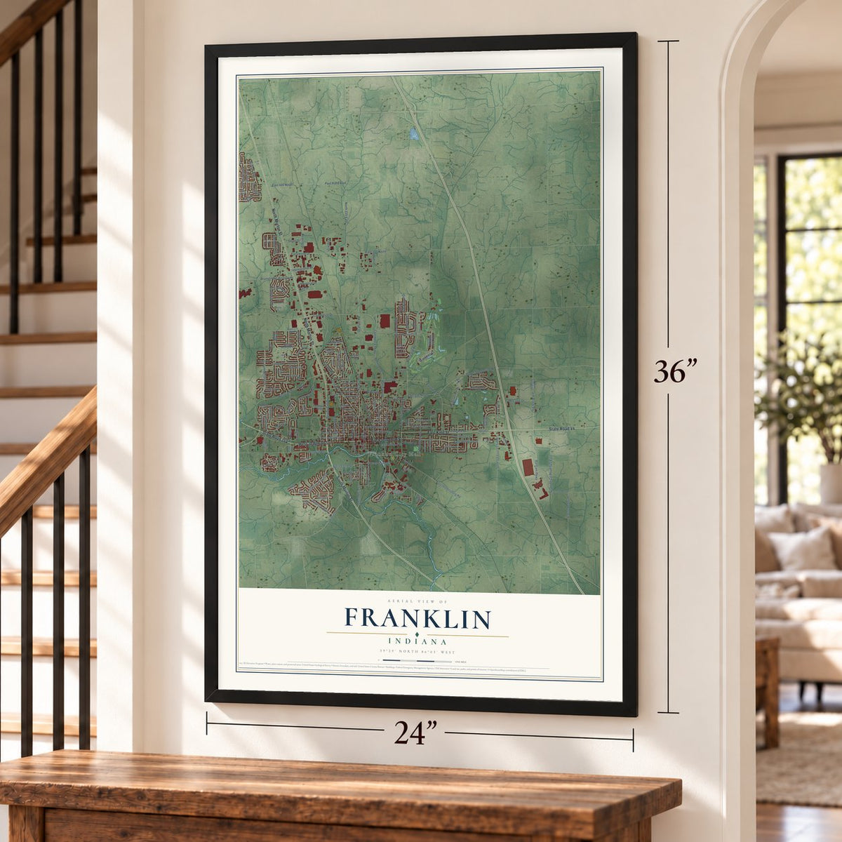 Franklin, Indiana map, 24 x 36 inch print in a black frame by a staircase