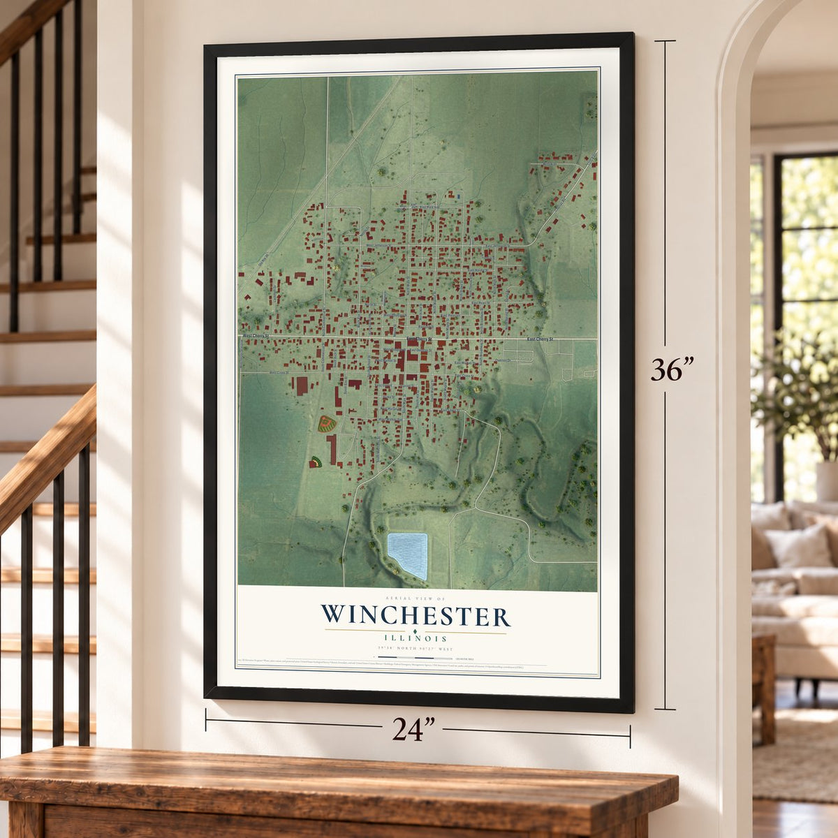 Winchester, Illinois map, 24 x 36 inch print in a black frame by a staircase