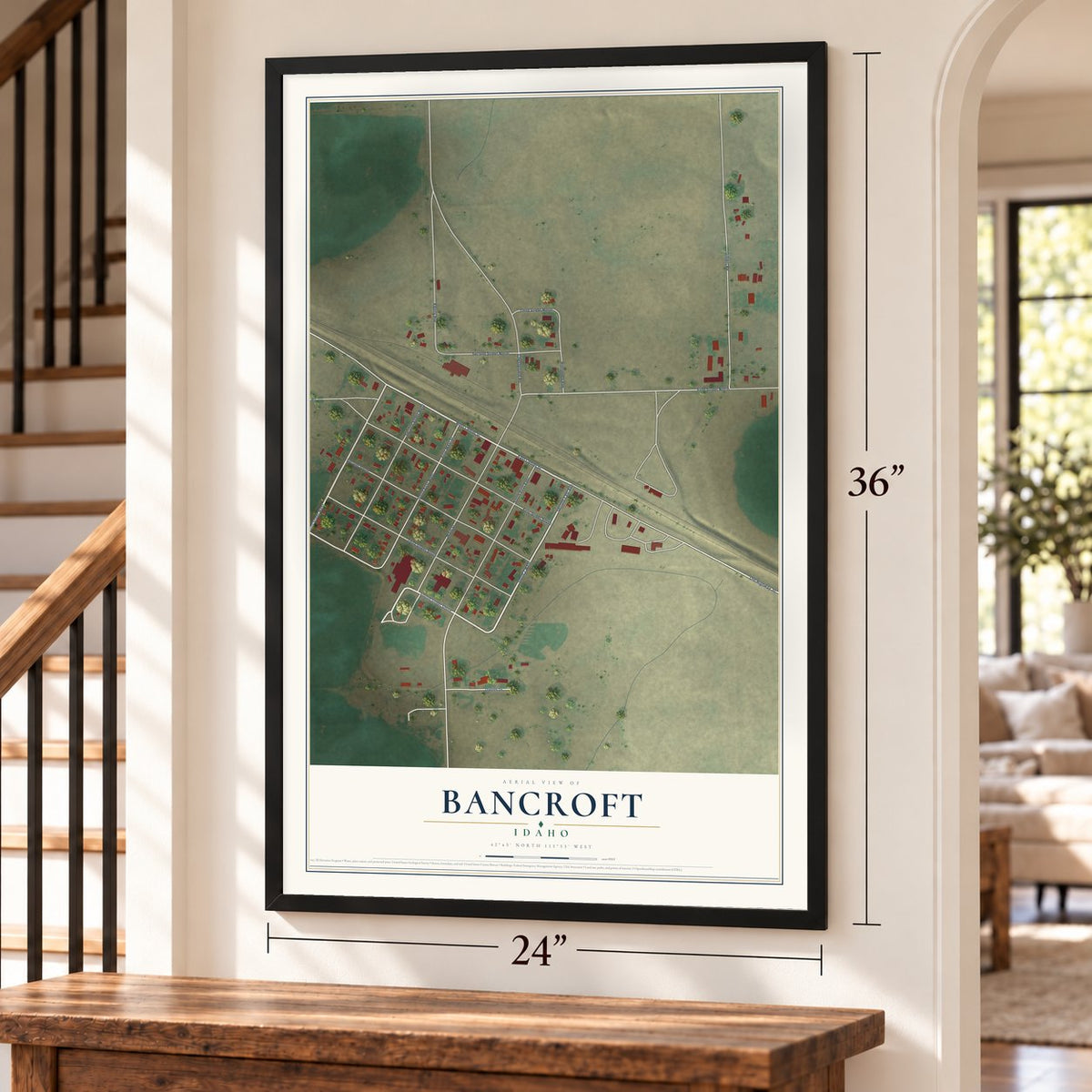 Bancroft, Idaho map, 24 x 36 inch print in a black frame by a staircase