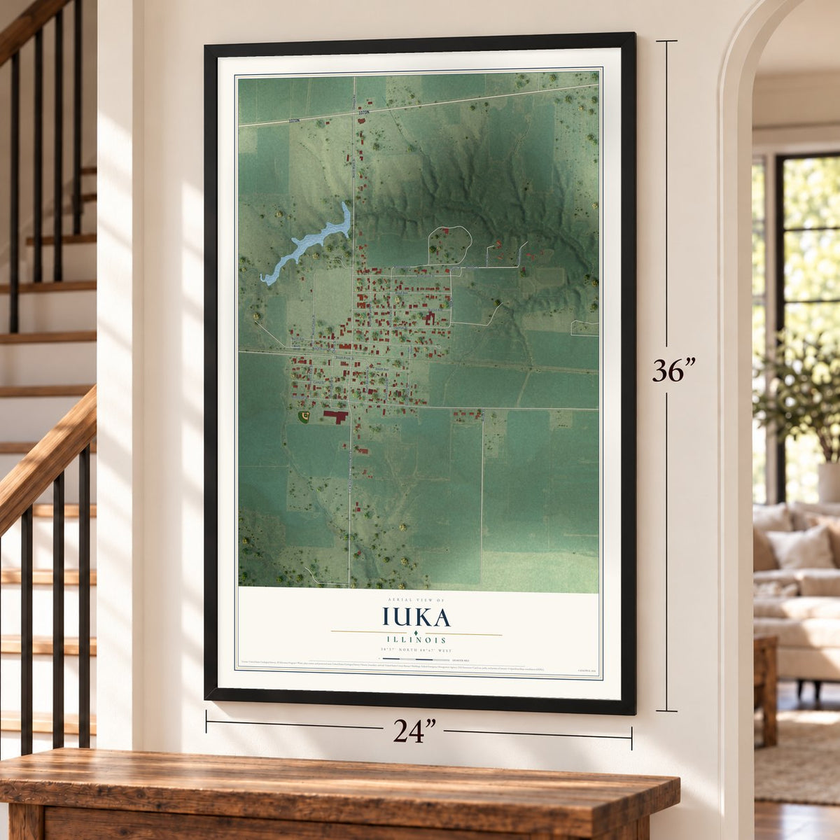 Iuka, Illinois map, 24 x 36 inch print in a black frame by a staircase