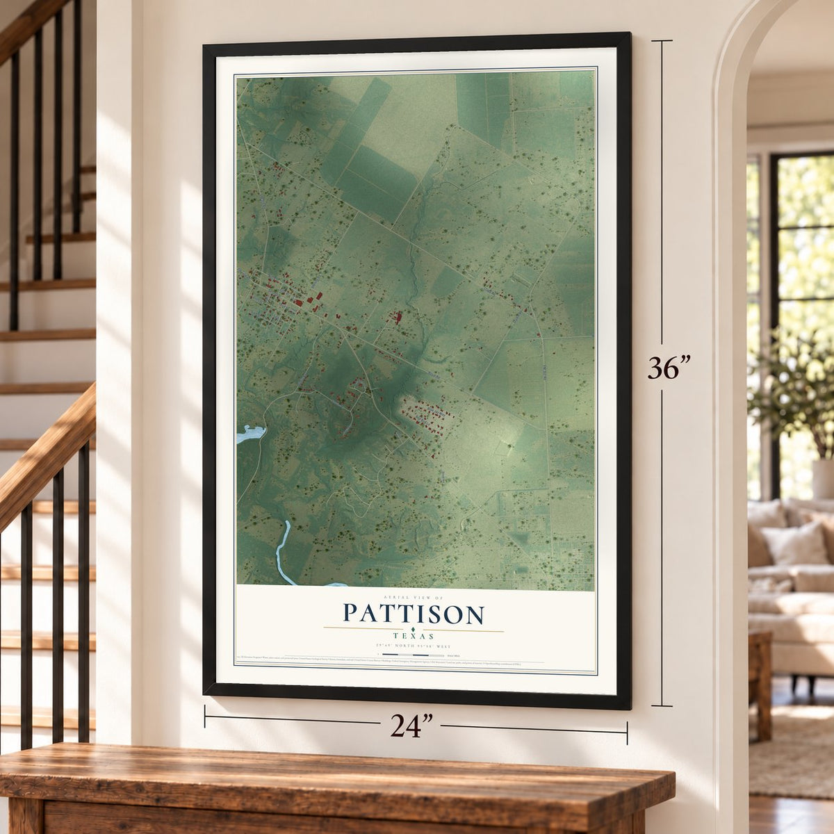 Pattison, Texas map, 24 x 36 inch print in a black frame by a staircase