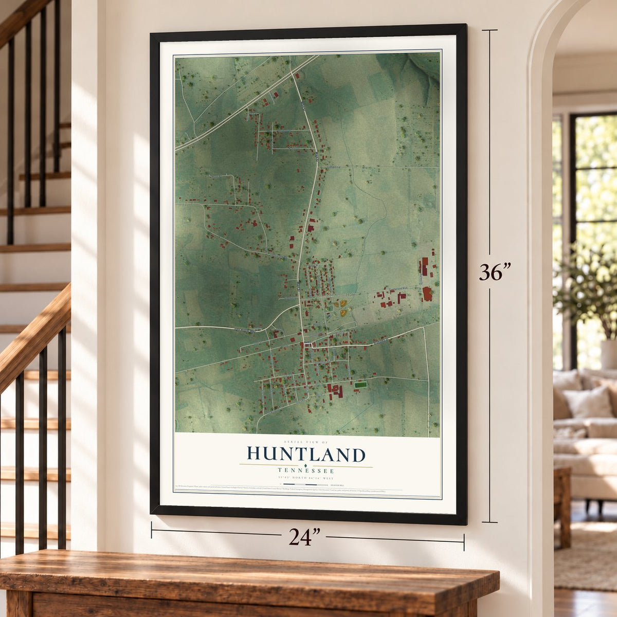Huntland, Tennessee map, 24 x 36 inch print in a black frame by a staircase