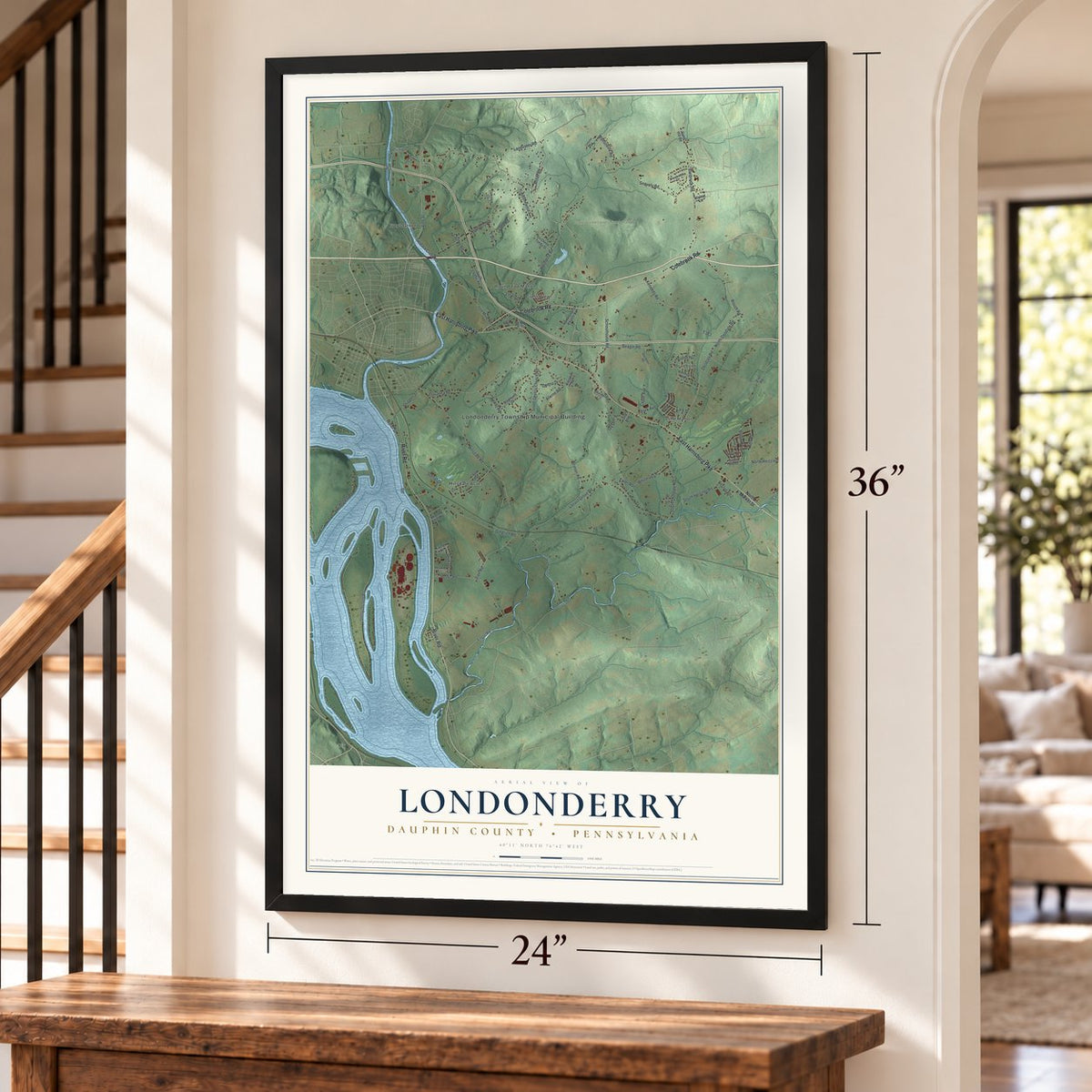 Londonderry, Dauphin County, Pennsylvania map, 24 x 36 inch print in a black frame by a staircase