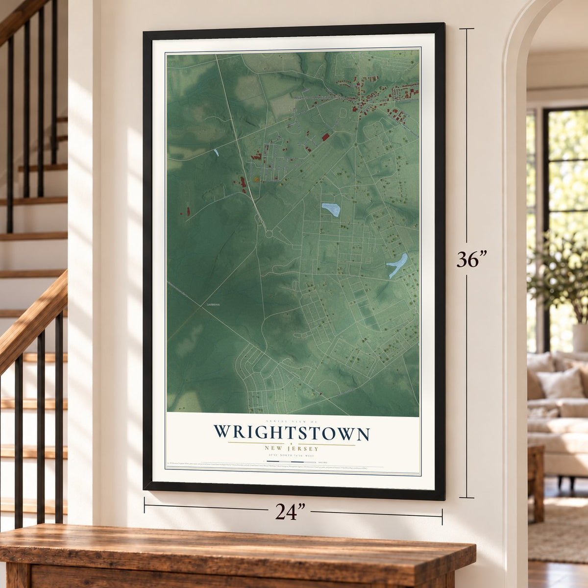 Wrightstown, New Jersey map, 24 x 36 inch print in a black frame by a staircase