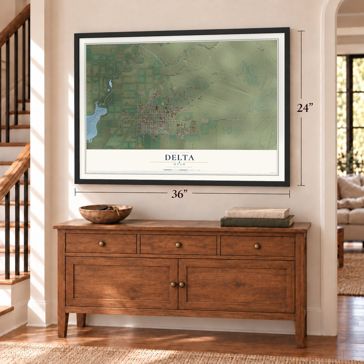 Delta, Utah map, 24 x 36 inch print in a black frame above a dresser by a staircase