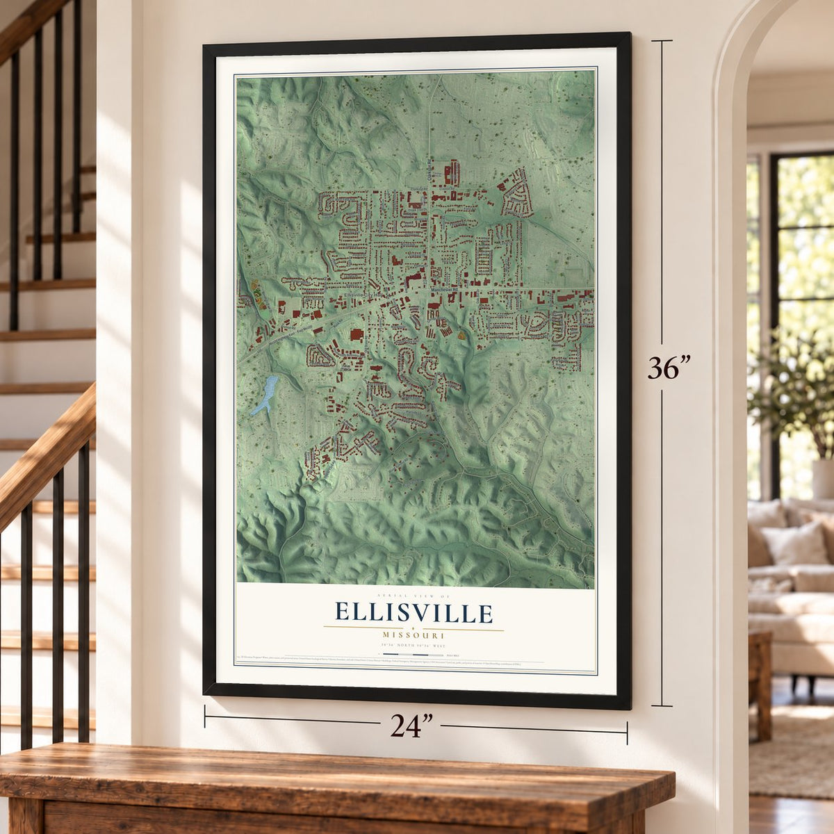 Ellisville, Missouri map, 24 x 36 inch print in a black frame by a staircase