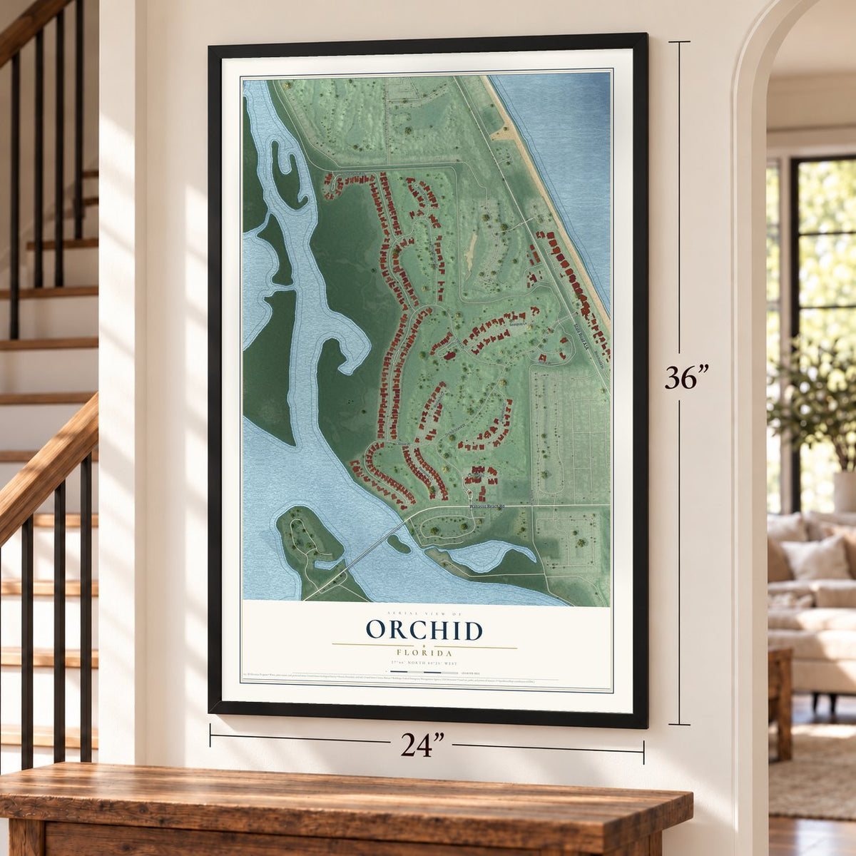 Orchid, Florida map, 24 x 36 inch print in a black frame by a staircase