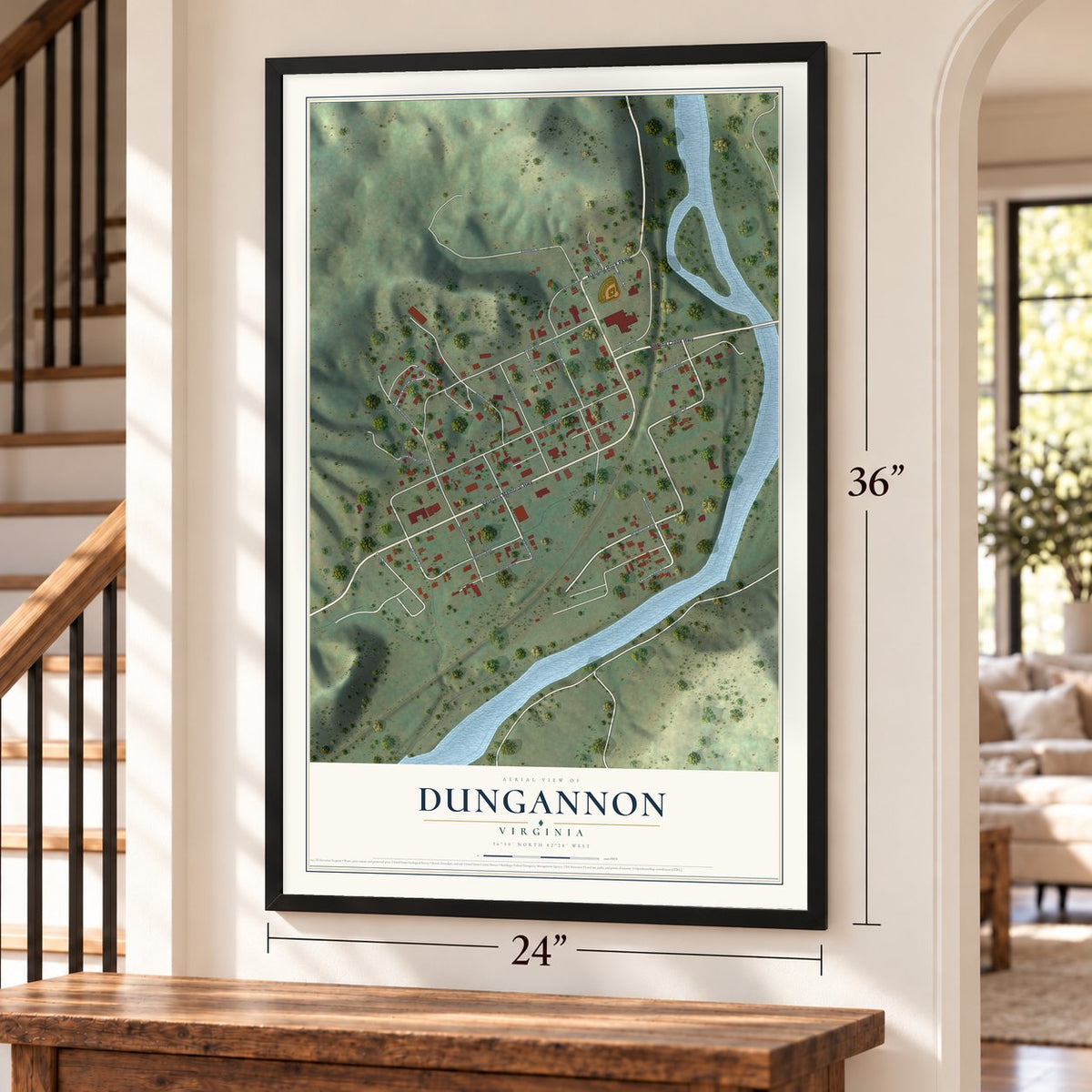 Dungannon, Virginia map, 24 x 36 inch print in a black frame by a staircase
