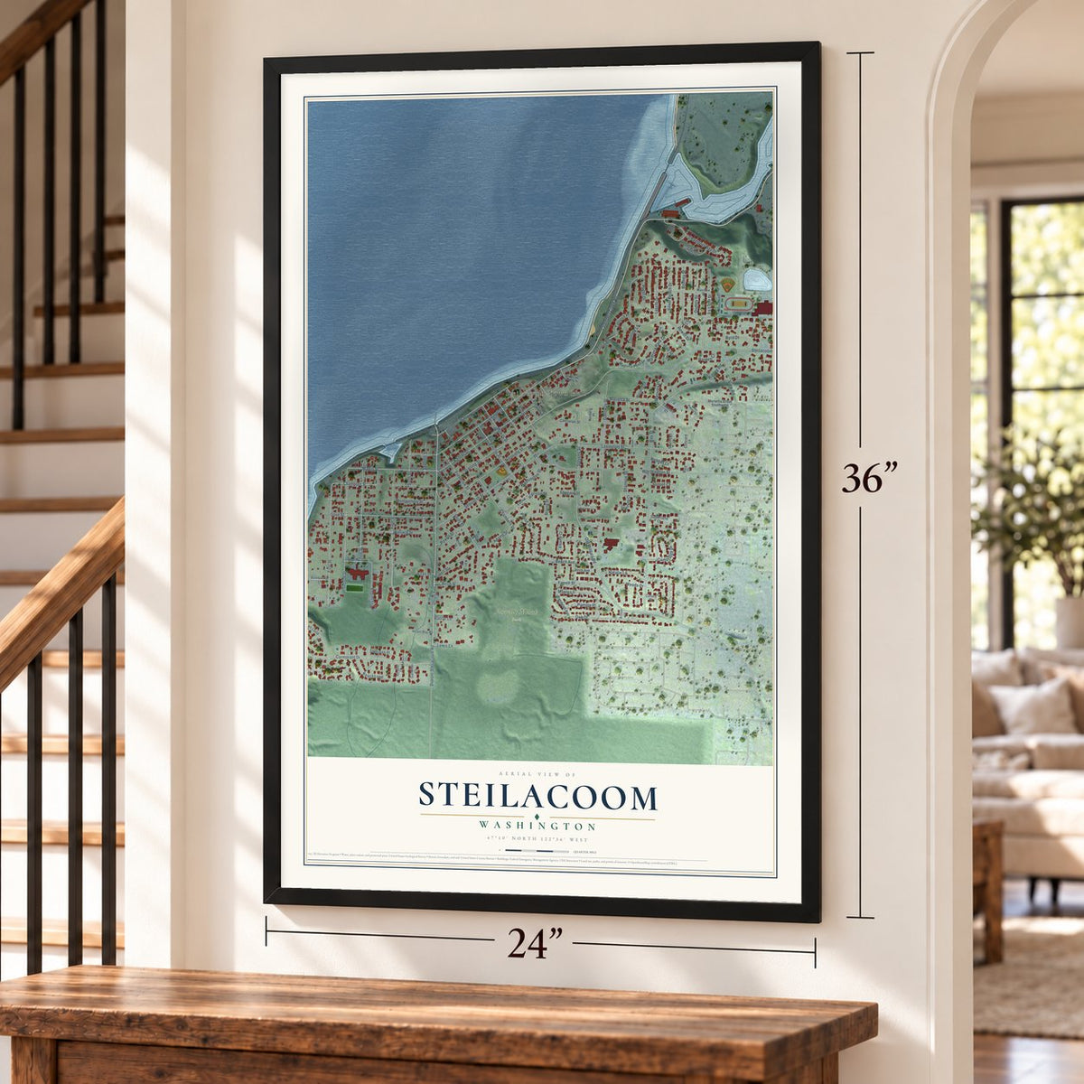 Steilacoom, Washington map, 24 x 36 inch print in a black frame by a staircase