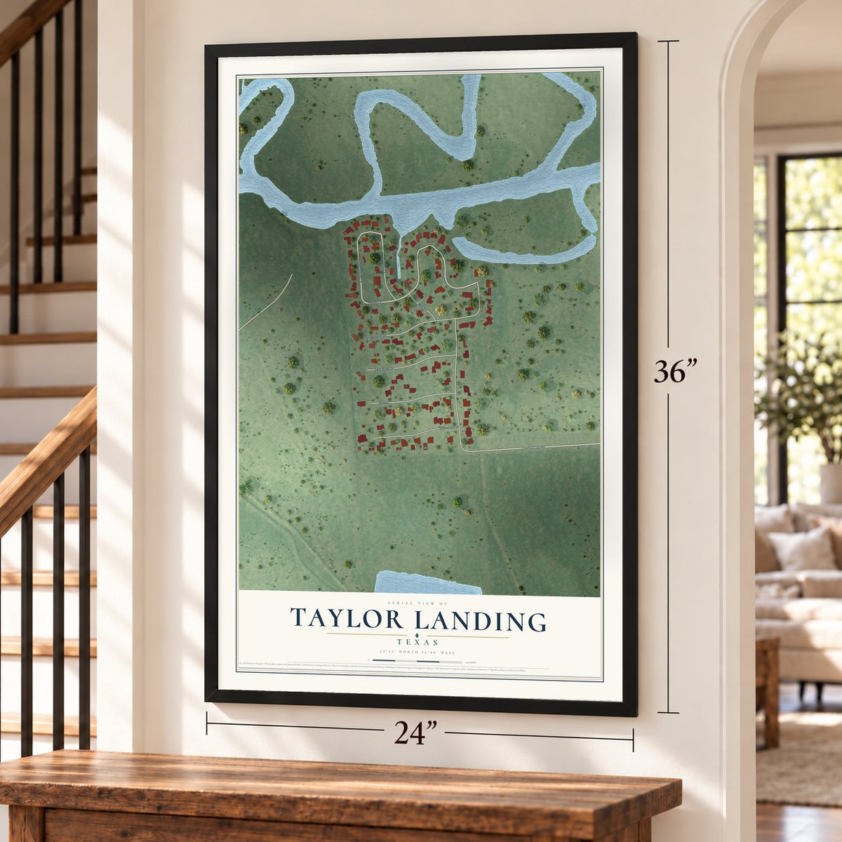 Taylor Landing, Texas map, 24 x 36 inch print in a black frame by a staircase