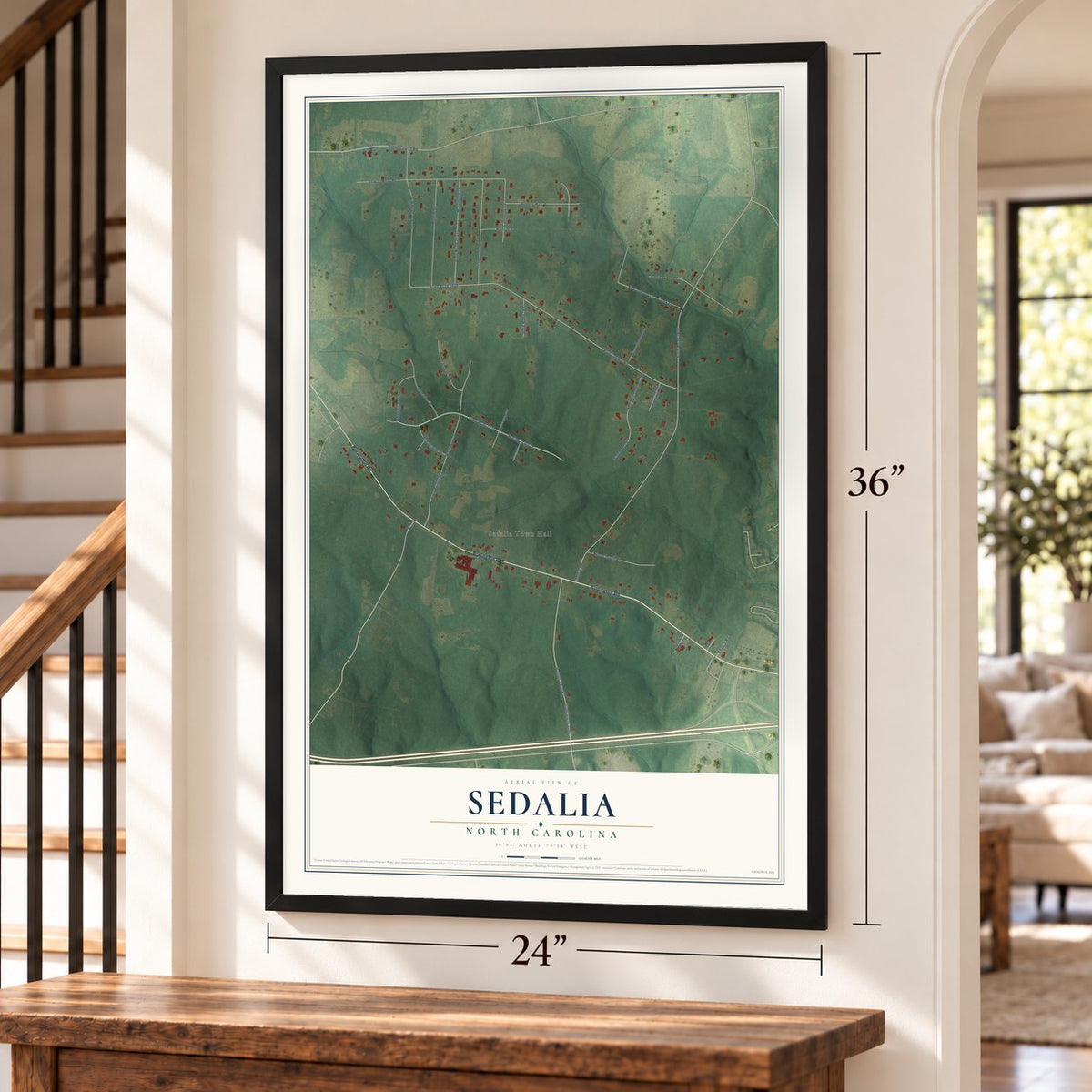 Sedalia, North Carolina map, 24 x 36 inch print in a black frame by a staircase