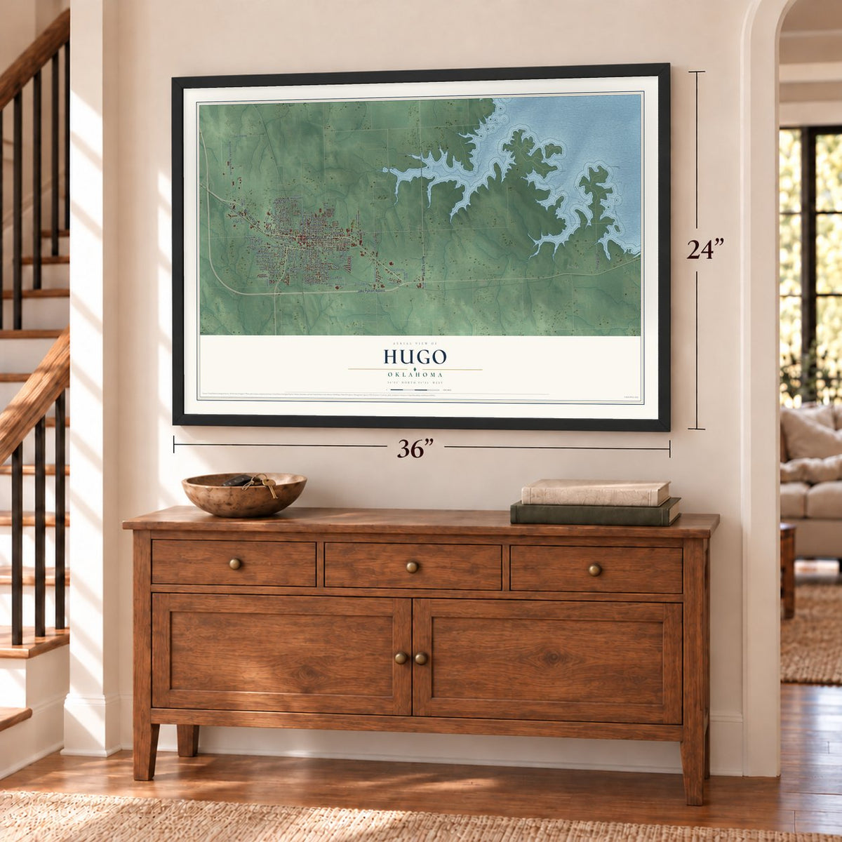 Hugo, Oklahoma map, 24 x 36 inch print in a black frame above a dresser by a staircase