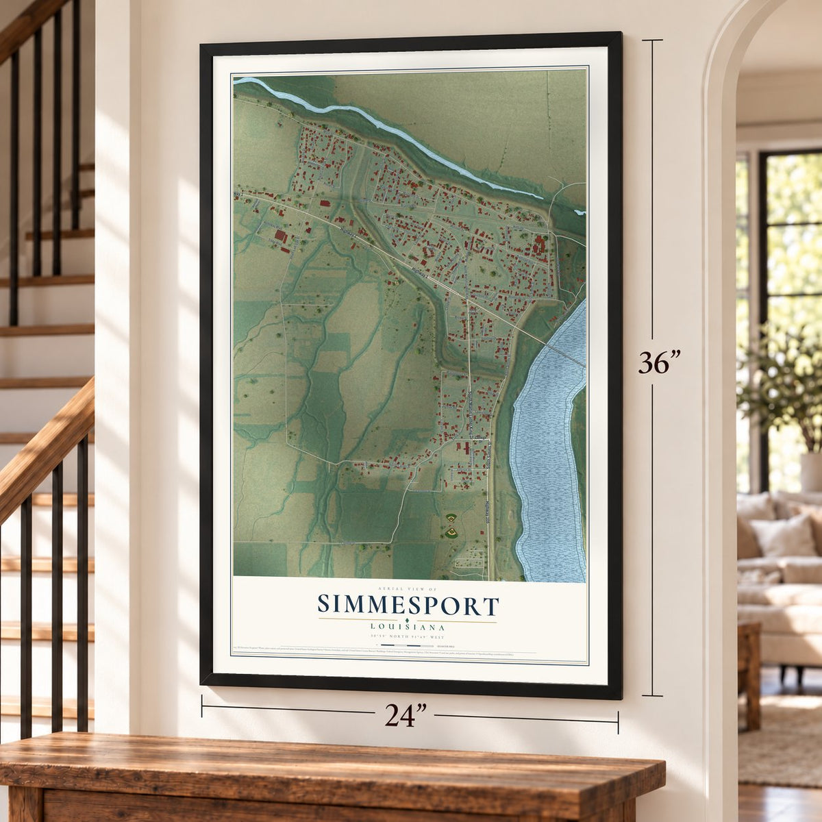 Simmesport, Louisiana map, 24 x 36 inch print in a black frame by a staircase