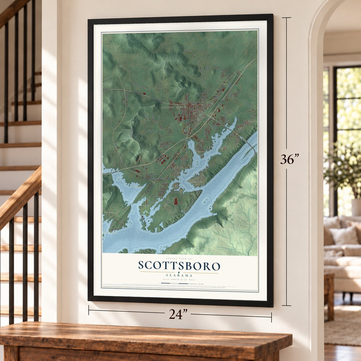 Scottsboro, Alabama map, 24 x 36 inch print in a black frame by a staircase