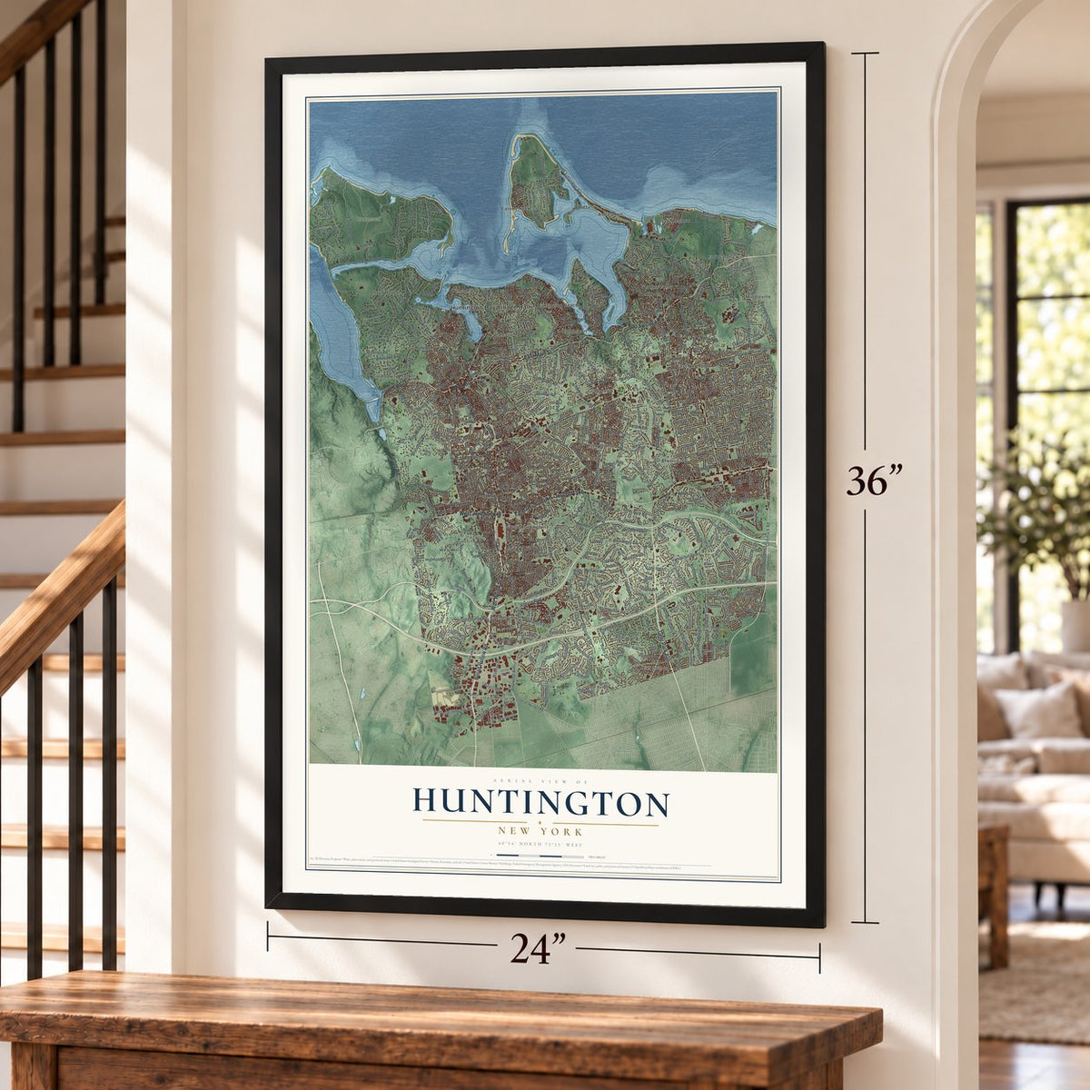 Huntington, New York map, 24 x 36 inch print in a black frame by a staircase