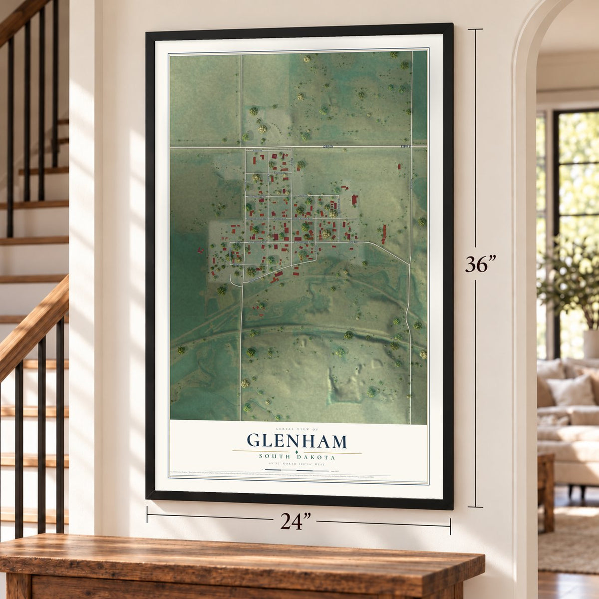 Glenham, South Dakota map, 24 x 36 inch print in a black frame by a staircase
