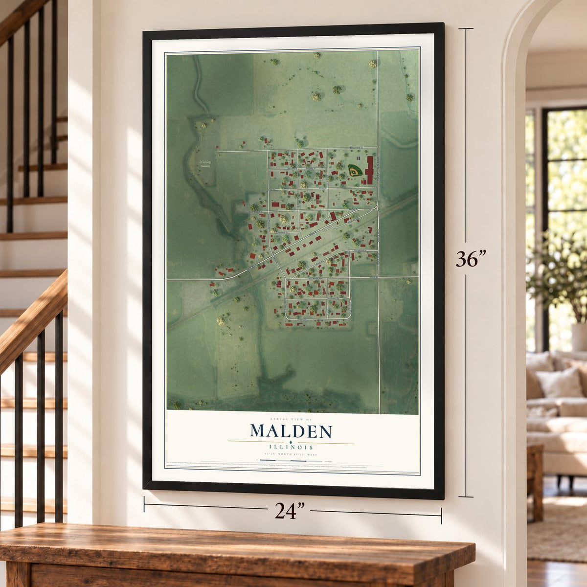 Malden, Illinois map, 24 x 36 inch print in a black frame by a staircase
