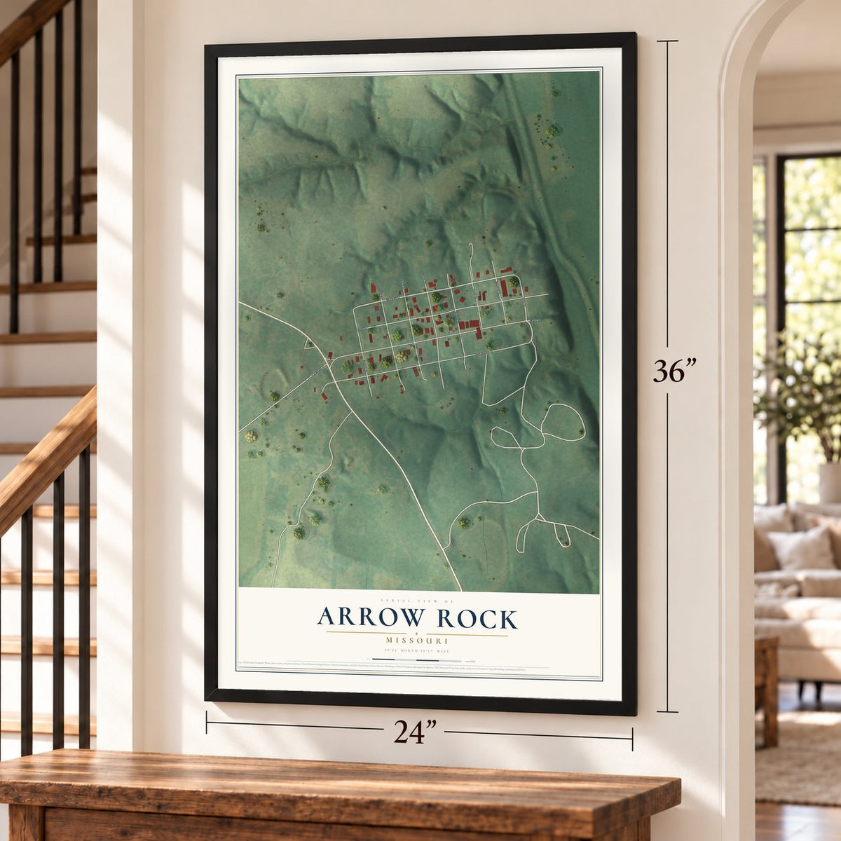 Arrow Rock, Missouri map, 24 x 36 inch print in a black frame by a staircase