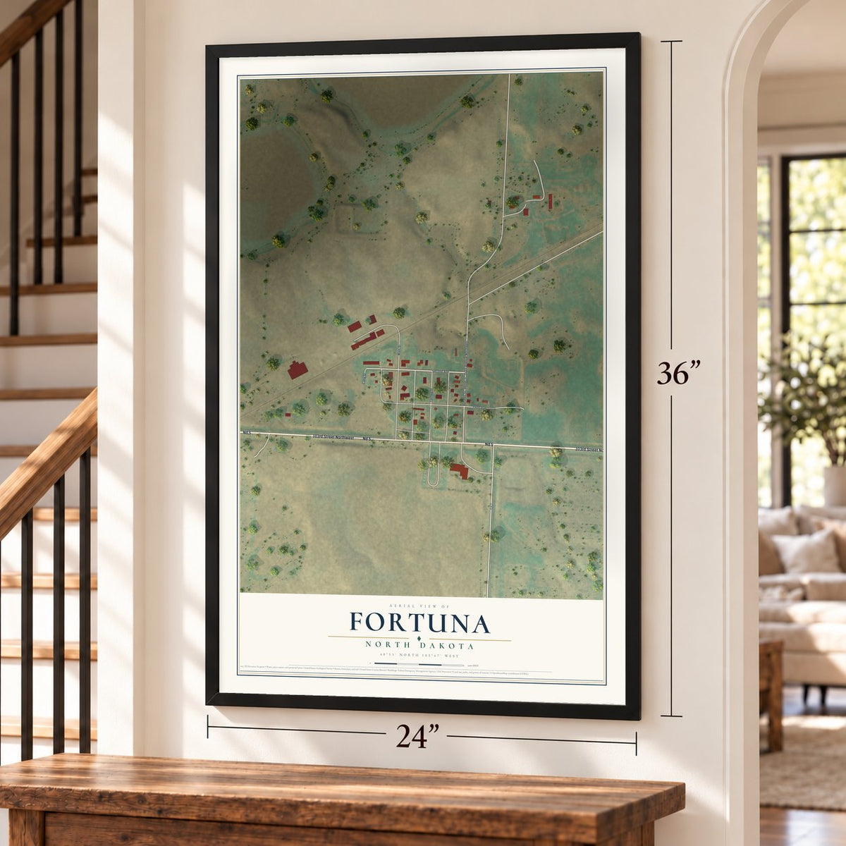 Fortuna, North Dakota map, 24 x 36 inch print in a black frame by a staircase