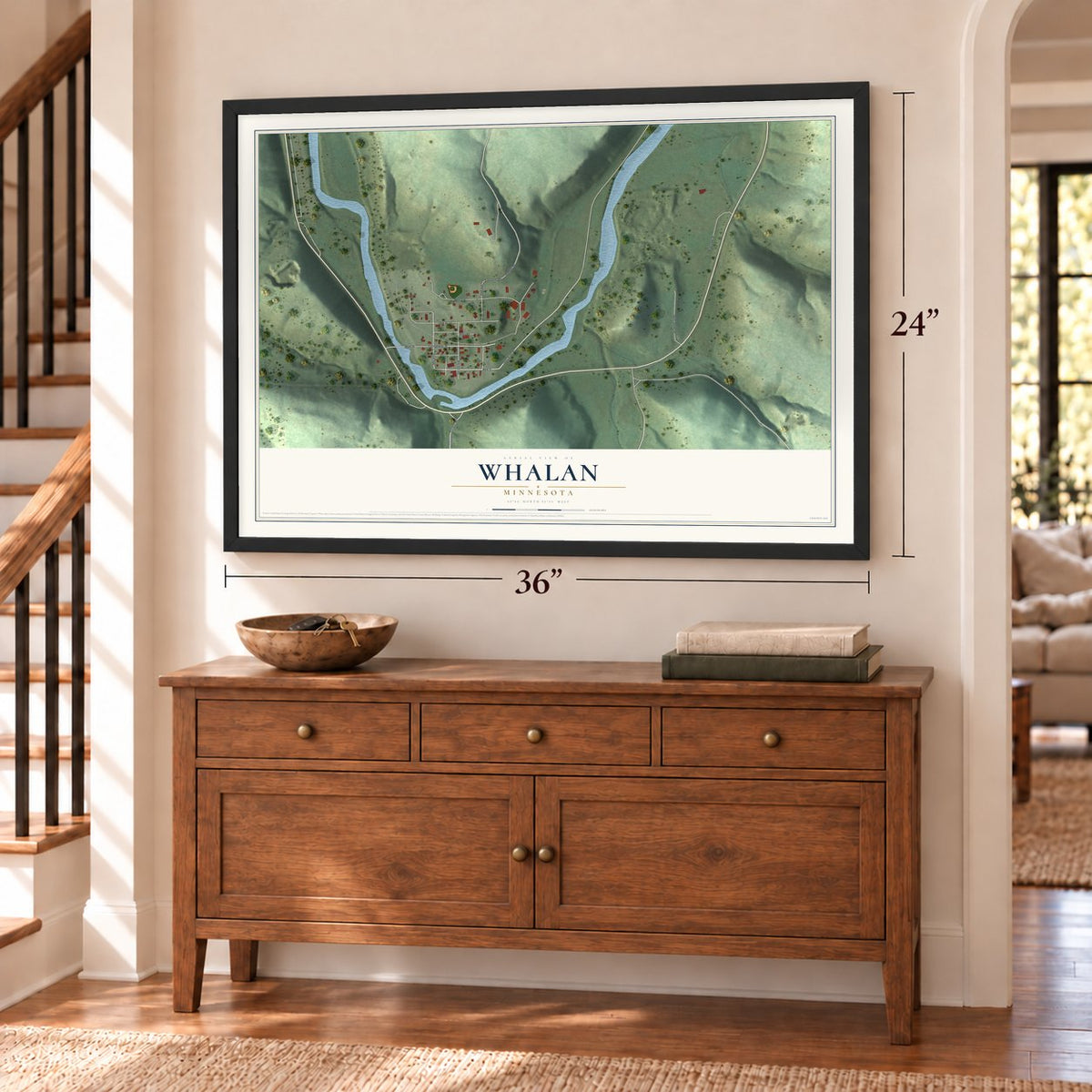 Whalan, Minnesota map, 24 x 36 inch print in a black frame above a dresser by a staircase