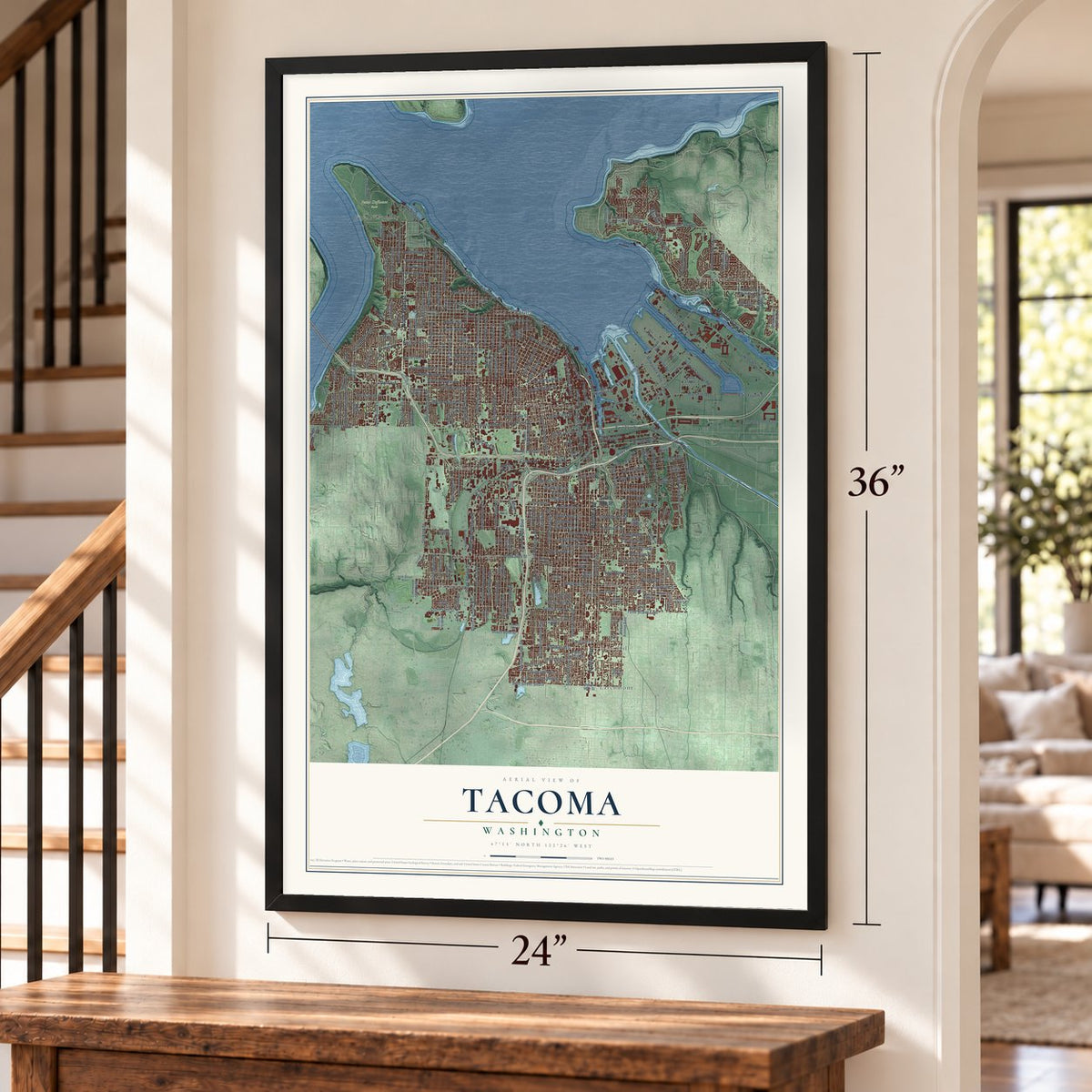 Tacoma, Washington map, 24 x 36 inch print in a black frame by a staircase