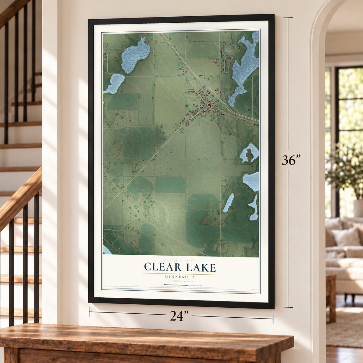 Clear Lake, Minnesota map, 24 x 36 inch print in a black frame by a staircase
