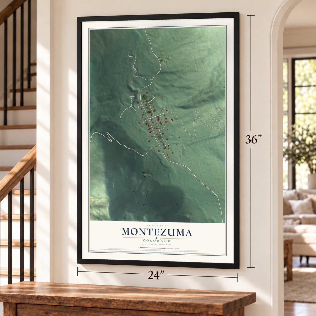 Montezuma, Colorado map, 24 x 36 inch print in a black frame by a staircase