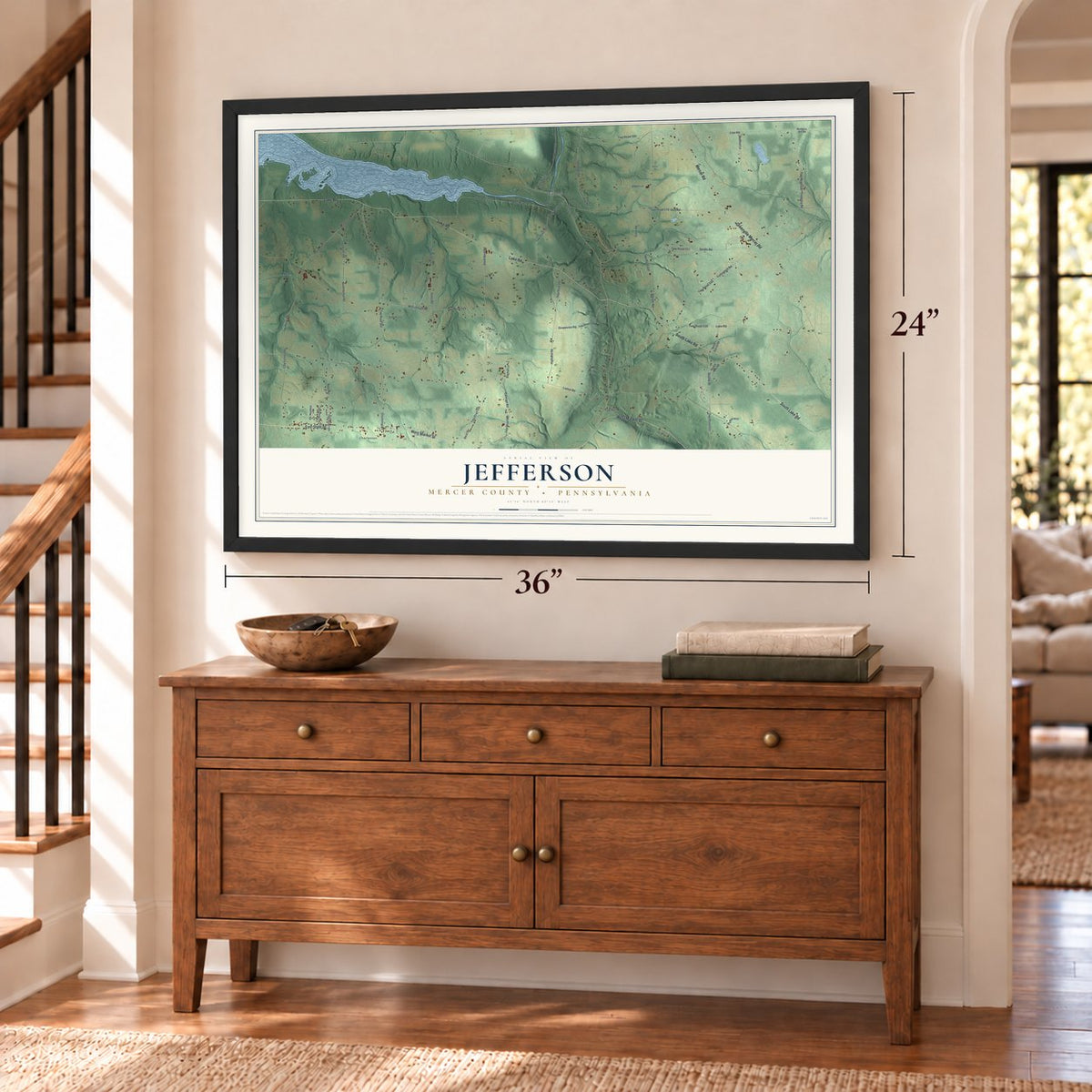 Jefferson, Mercer County, Pennsylvania map, 24 x 36 inch print in a black frame above a dresser by a staircase