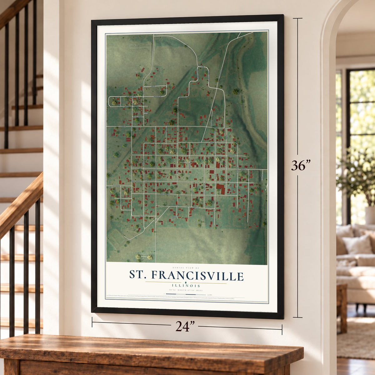 St. Francisville, Illinois map, 24 x 36 inch print in a black frame by a staircase